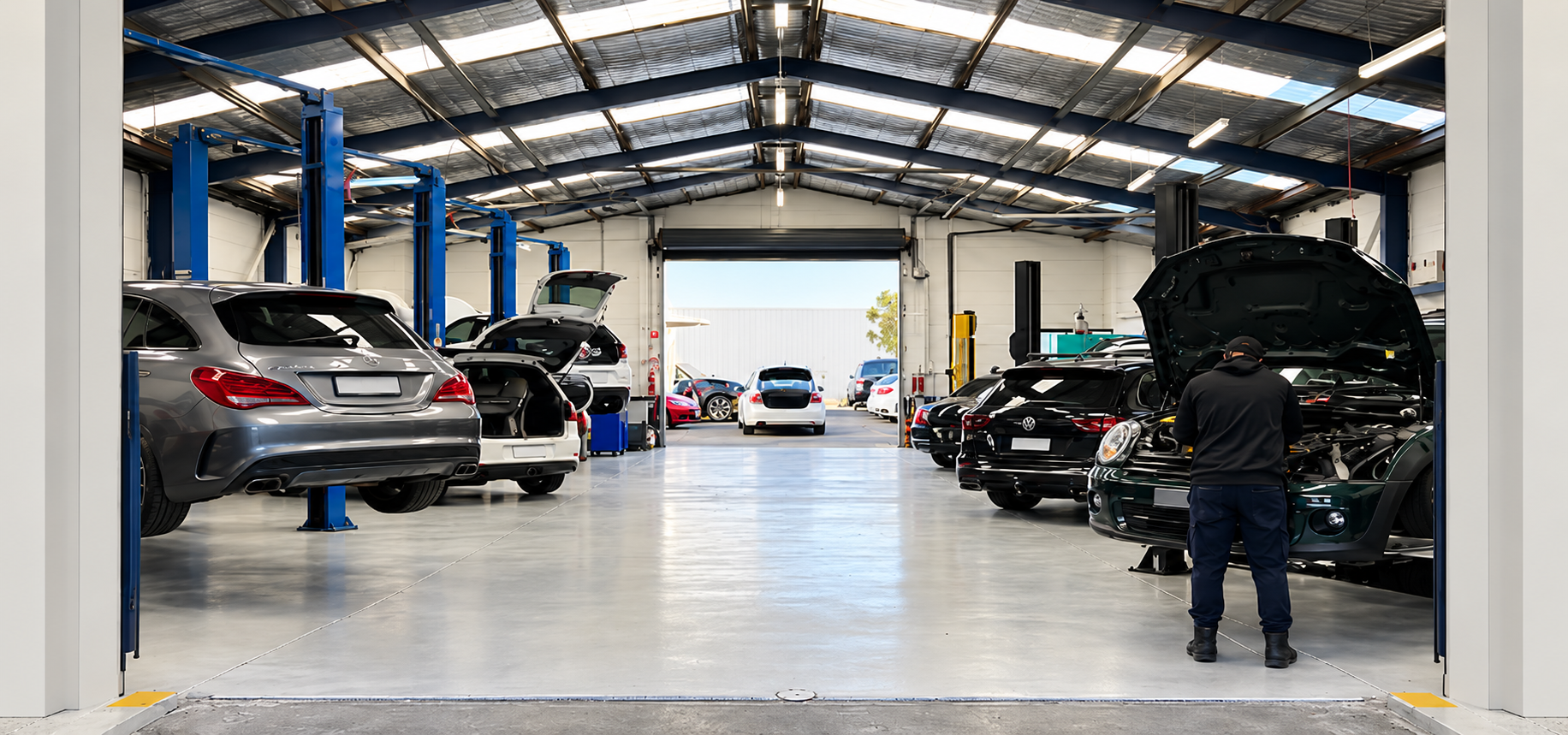 Car service workshop with vehicles raised on hoists