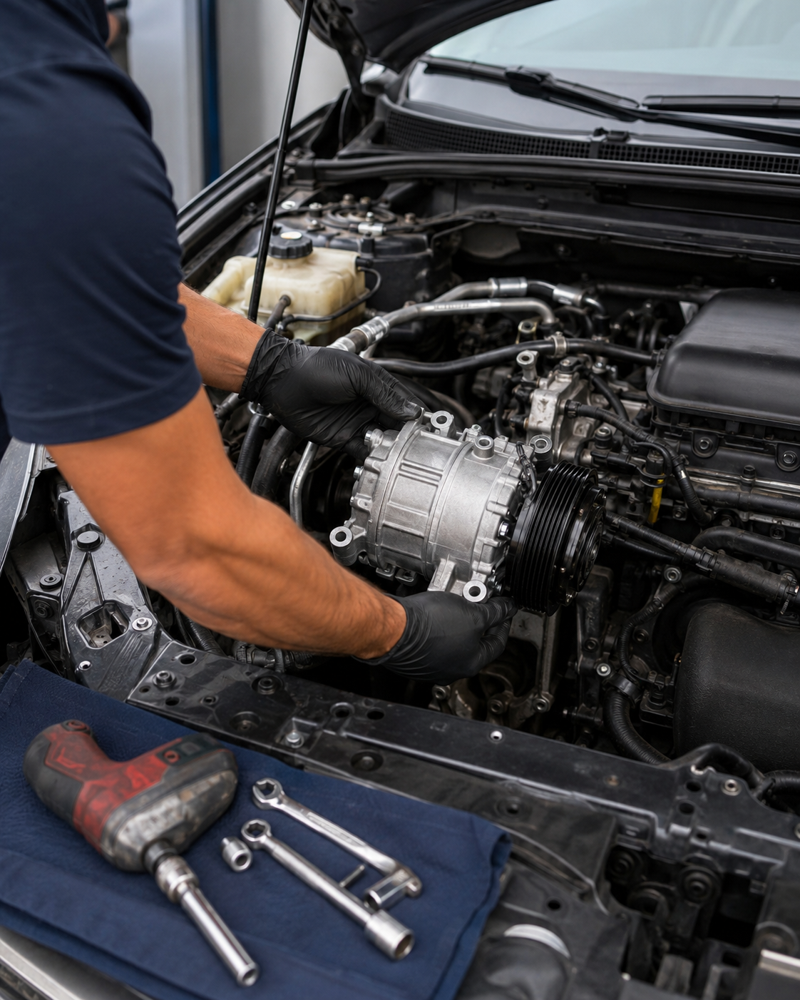 Mechanic repairing components in a car engine bay