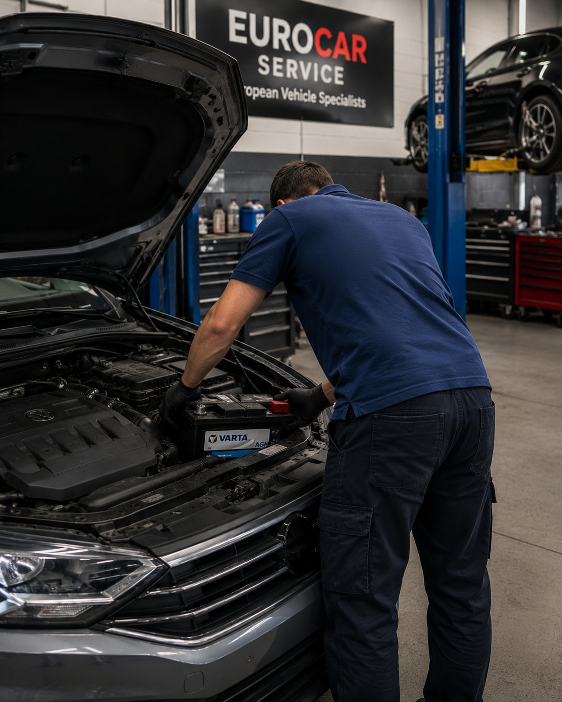 Mechanic working in the engine bay during a major service